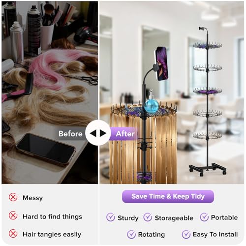Braiding Hair Rack - Hair Racks for Braiders Standing With Tray and Wheels,140 Pegs Divider Stand & With Phone Holder Adjustable Rotation Hair Stand for Hair Stylist / Salon / Home User (Black)
