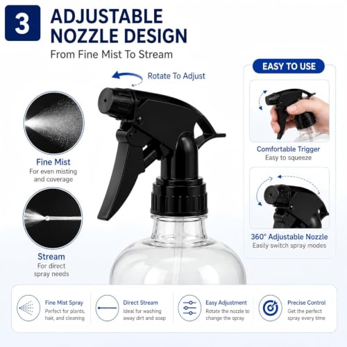 20 Pack 8 Oz Refillable Plastic Spray Bottles with Adjustable Nozzles