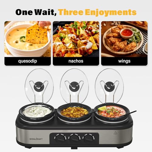Sunvivi Silver Triple 1.5QT Slow Cooker Buffet Server with 10 Liners & Lid Rests