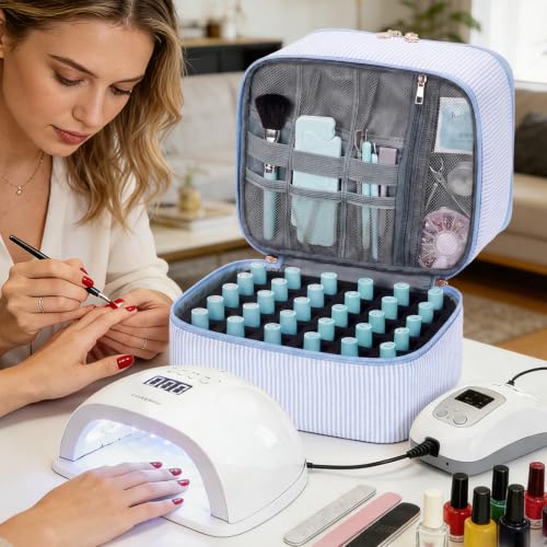 Cohawk Blue Stripes Nail Polish Organizer Bag Holds 30 Bottles, 2 Layers Travel Case