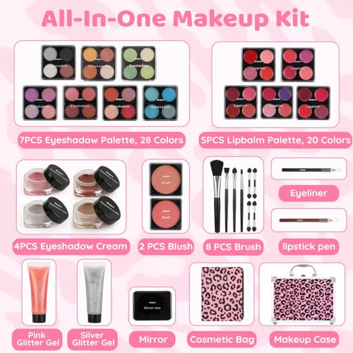 Pink All-In-One Teen Makeup Kit with Leopard Case - 28 Eyeshadow Colors & Accessories