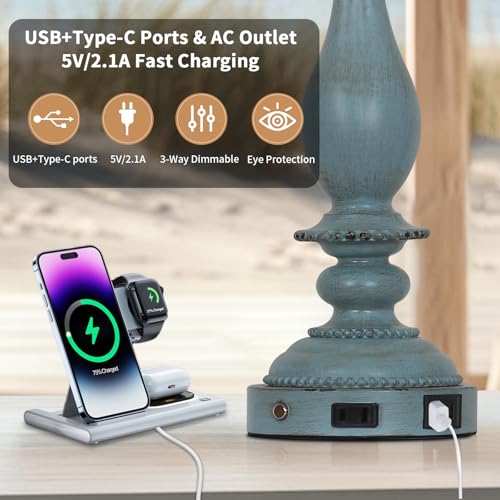 Blue Coastal Table Lamps Set of 2 - 28 Inch Dimmable Bedside Touch Lamps with USB & Outlet