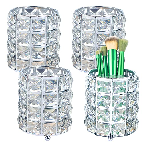 Crystal Makeup Brush Holder Set - Silver 4-Pack Bling Organizer for Dresser, Bathroom, Table