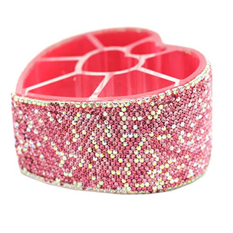 Desktop Cosmetic Storage Box 8-hole Heart-Shaped Bling bling Rhinestone Cosmetic Tools storage Box Jewelry Storage Box (Pink)