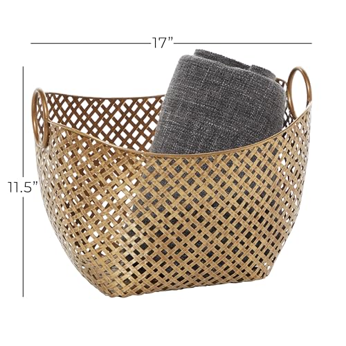 Gold Metal Storage Basket - Handmade Woven Organizer with Handles, 17 x 13 x 11 Inches