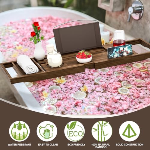Premium Teak Bathtub Tray Caddy, Wooden Bath Caddy Trays for Bathtub, Bath Tub Wood Tray Table for Tub,Expandable Size, Fits Most Bath Tubs