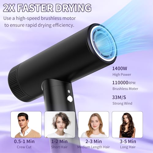 High Speed Metal Hair Dryer with Diffuser & Nozzle - 110,000 RPM Brushless Motor, Negative Ions, Travel-Friendly