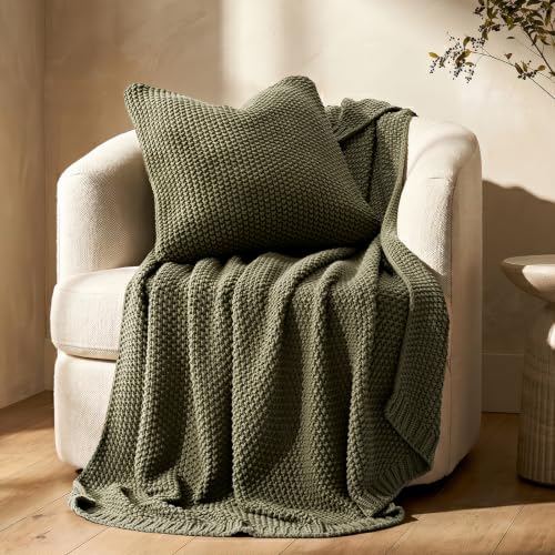 EverGrace Organic Cotton Chunky Knit Throw Blanket 50x60 Olive Green