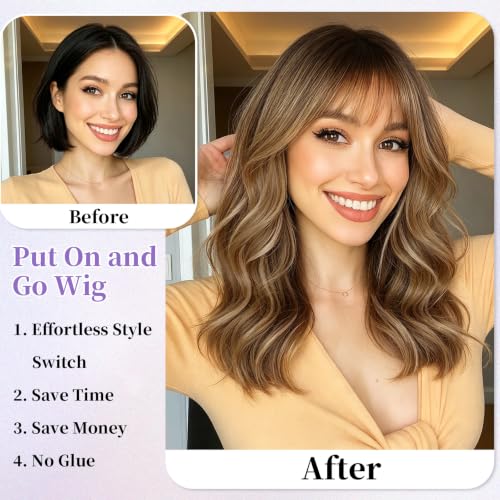 Brown Mix Blonde Highlight Wig with Bangs - Layered Wavy Synthetic Hair for Women - Light Brown Highlights