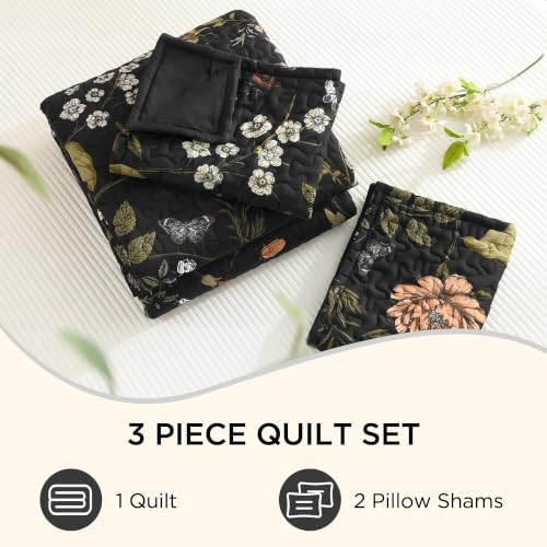 Black Floral California King Quilt Set - 3 Pieces Summer Boho Bedspread & Pillowcases