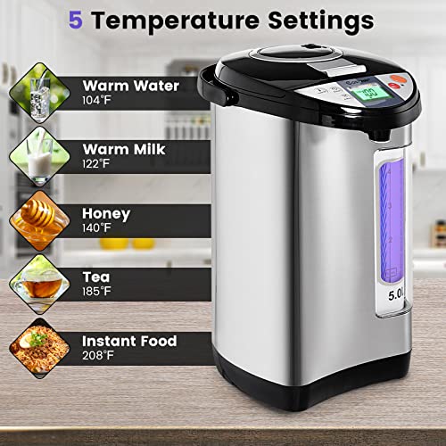 Electric Hot Water Boiler & Warmer with 5L Capacity, Adjustable Temp & Night Light