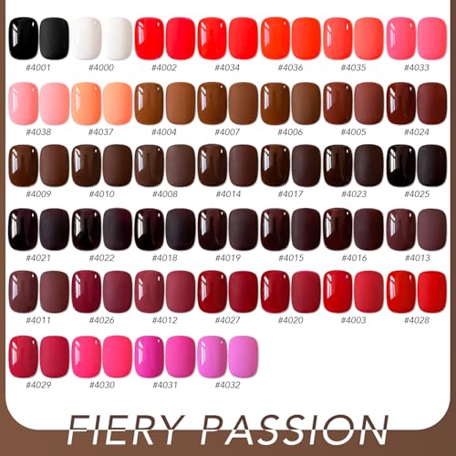 GAOY 42 Pcs Gel Nail Polish Set - Fiery Passion Variation, 39 Red Brown Colors, UV & Base Coat Included