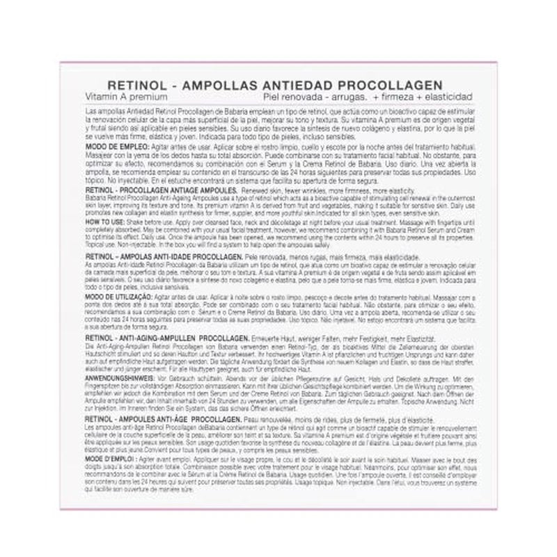 Babaria - Retinol Ampollas Antiedad Procollagen, Piel Renovada, Firme y El?stica, con Vitamin A Premium, Apto para Todo Tipo de Pieles, Incluso Sensibles - 5 Uds de 2 ml