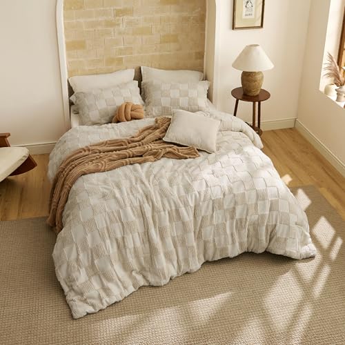 California King Comforter Set - Beige Plaid Boho Bedding with Tufted Checkboard Pattern, 3 Pieces