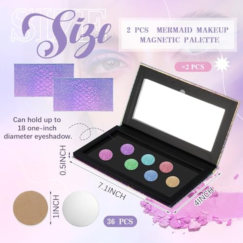 2 Pieces Magnetic Mermaid Empty Palette with Mirror and 36 Pcs Adhesive Metal Stickers Large Mermaid Makeup Empty Palette for Eyeshadow Lipstick Blush Powder
