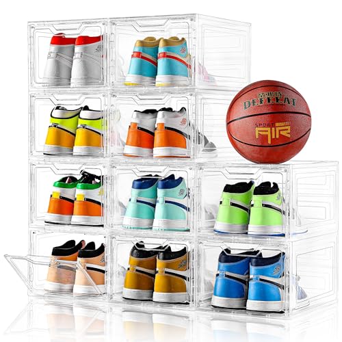 10 Pack Large Clear Plastic Shoe Boxes with Lids - Stackable Shoe Storage Organizer for Sneakers up to US Size 13 - Variation: Fit Size 13 / Clear