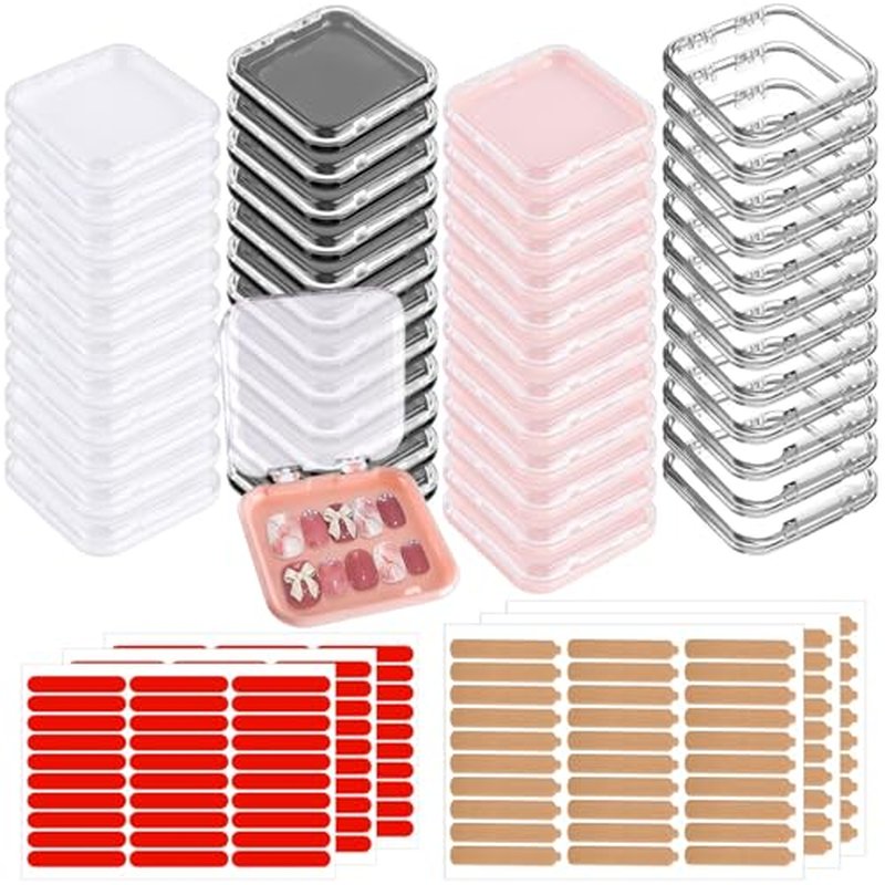 48 Sets Press On Nail Storage Box, Artificial Nail Display Case Acrylic Nail Boxes Press On Nail Packaging Box, Adhesive Double Sided Tape Nail Box for Nail Salon£¨4 Colors£©