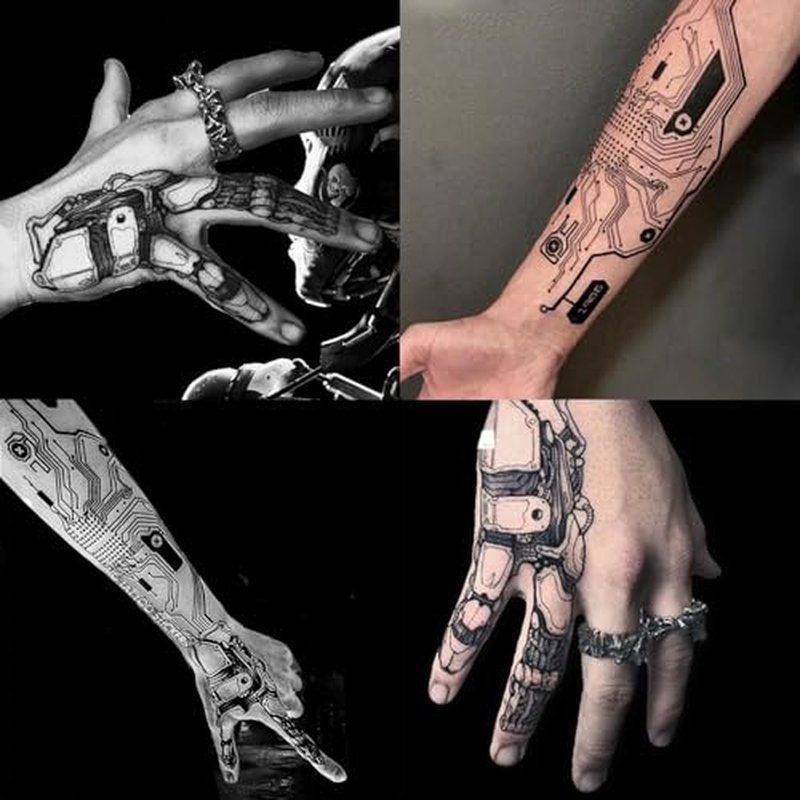 4 Sheets Waterproof Temporary Tattoos Stickers Cyber Punk Artificial Intelligence Mechanical Finger Steampunk Cool Futuristic Cyberpunk Style