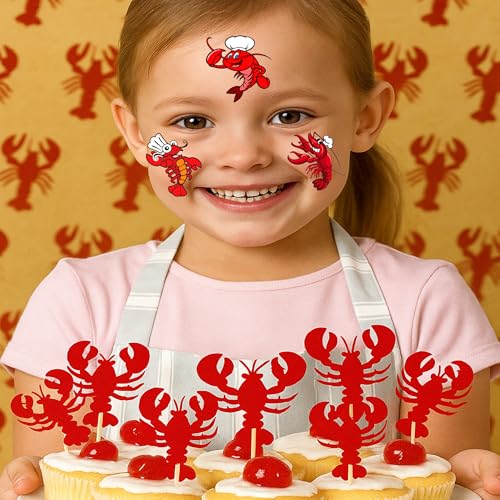 96PCS Crawfish Boil Pre-Cut Temporary Tattoos Themed Birthday Party Supplies Favors Decorations Summer Seafood Lobster Crayfish Shrimp Tattoo Stickers Gifts For Boys Girls Kids School Prizes Carnival