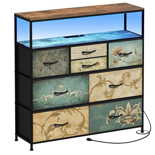 TV Stand with Power Outlet LED Light and 6 Drawers - Rustic Wooden Top, 39.4" Wide - Variation of THIS listing