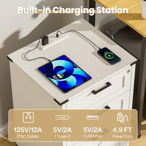 White Small Wood File Cabinet with Charging Station & Lock, 3 Drawers