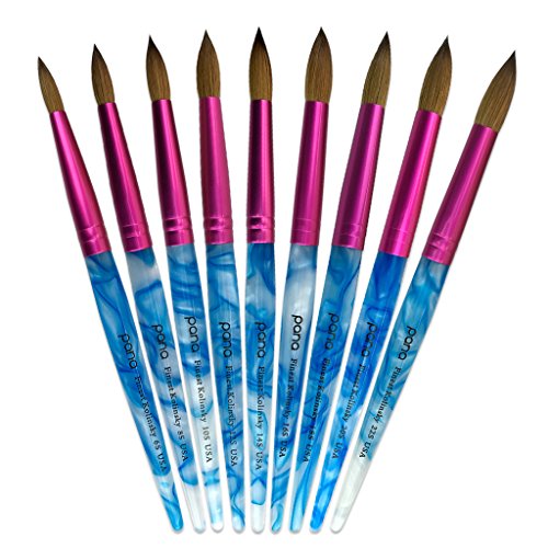 PANA USA Acrylic Nail Brush Pure Kolinsky Hair Acrylic White Swirl Blue Handle with Pink Ferrule Round Shaped - Size 16