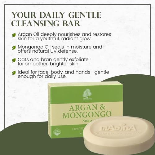 Madina Argan & Mongongo Soap Bar ? Hydrating, Deep Moisturizing, Antioxidant, Natural Oils, Gentle Cleanser for Face & Body, For Dry & Sensitive Skin, 6 Pack (3.5 oz Each)