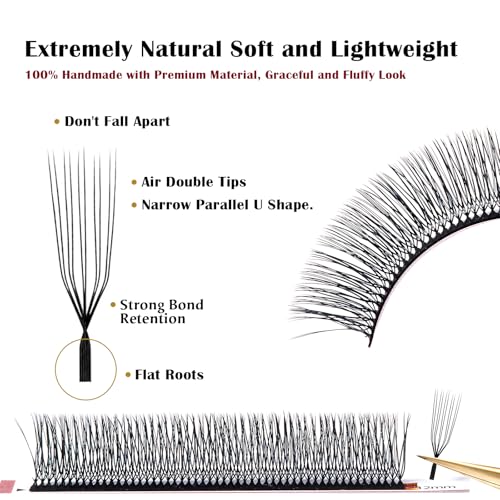 DeceMars 10D U Shaped Eyelash Extensions Easy Fans Double Tips 5D Russian Volume Crisscross Eyelashes Natural Soft YY Lash Extensions Handwoven Mesh Wispy Clusters Matte Black-0.07mm-D-8-15mm Mix