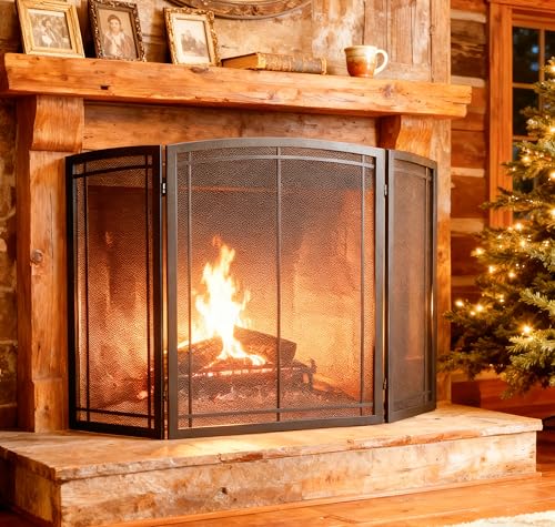 FireBeauty 3‑Panel Wrought Iron Fireplace Screen 48x30 Inch Black Guard