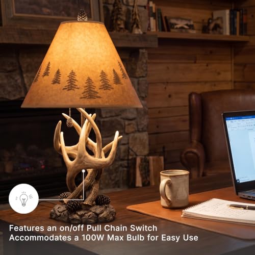 Set of 2 Rustic Table Lamps with Faux Rock and Pinecone Accents - Mountain Retreat Style, Silhouette Shade, 14.25 Inch