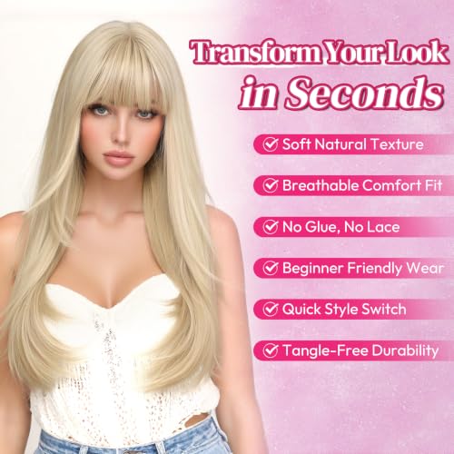 24 Inch Blonde Straight Layered Wig with Bangs Synthetic for Cosplay & Daily Wear - Variation of Blonde