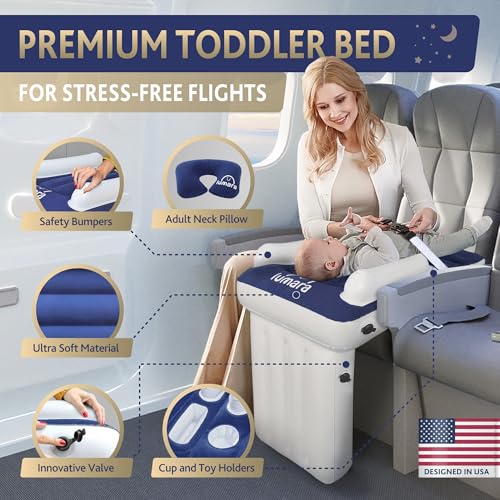 LUMARA Premium Blue Toddler Inflatable Airplane Bed - Travel Child Mattress with Safety Straps