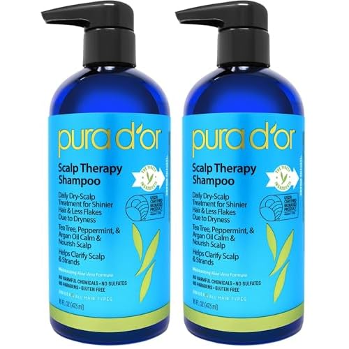 PURA D'OR Scalp Therapy Shampoo Hydrates & Nourishes Scalp Care Shampoo For Itchy Flaky-Scalp Tea Tree,Peppermint,Patchouli,Cedarwood,Clary Sage,Argan Oil 16oz(Packaging may vary)(00602)(Pack of 2)