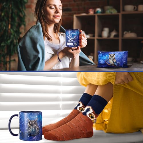 Bokon 8 Pcs Christmas Owl Gifts for Women with Throw Blanket Mug Canvas Tote Bag Makeup Bag Funny Socks Natural Stone Bracelet with Card & Gift Box for Women Mom Daughter Sister Bestie Owl Lovers