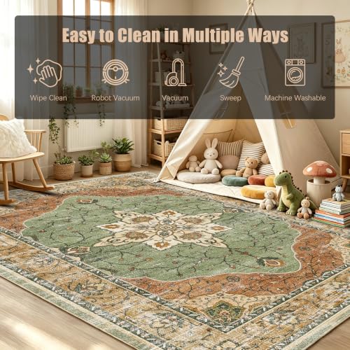 YARNSCAPE 8x10 Sage Green & Terracotta Machine Washable Area Rug - Non-Slip Low-Pile Carpet