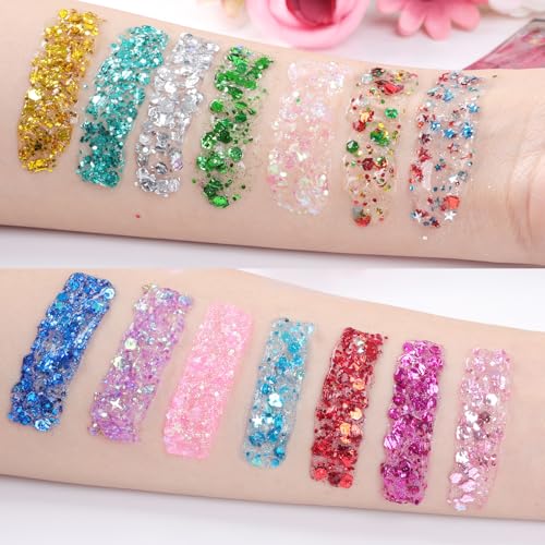 AROIC 14 Colors Body Glitter, St Patricks Day Face & Hair Glitter Gel Set, Eye Shimmer for Women Glow in the Dark Rave Accessories Party Supplies, Face Paint Hair/Cheek/Eyelid Sparkle Makeup-18ml/Tube