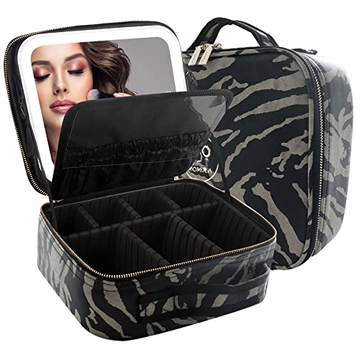 MOMIRA Zebra Beige Makeup Bag with Lighted Mirror, Adjustable Dividers Travel Case