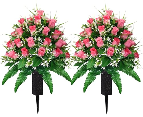 Artificial Cemetery Flowers Pink Rose Bouquet Set with Vases - Outdoor Grave Decorations