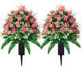 Artificial Cemetery Flowers Pink Rose Bouquet Set with Vases - Outdoor Grave Decorations
