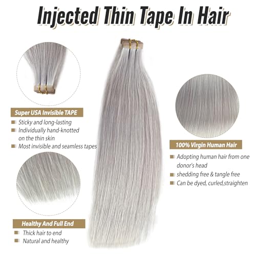 Silver Grey Hair Extensions Tape Ins 16 Inch Double Sided Seamless Human Hair