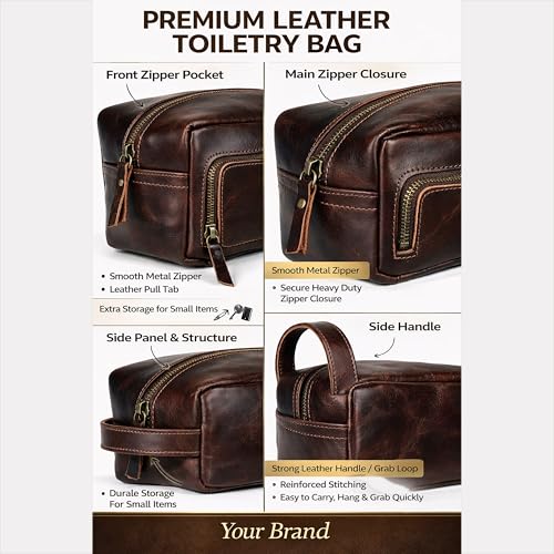 Leather Men's Toiletry Bag Dopp Kit Travel Organizer - Dark Chocolate Brown