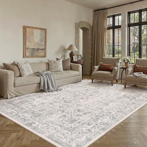 PureCozy 6x9 Vintage Floral Area Rug - Grey Low Pile Accent Carpet
