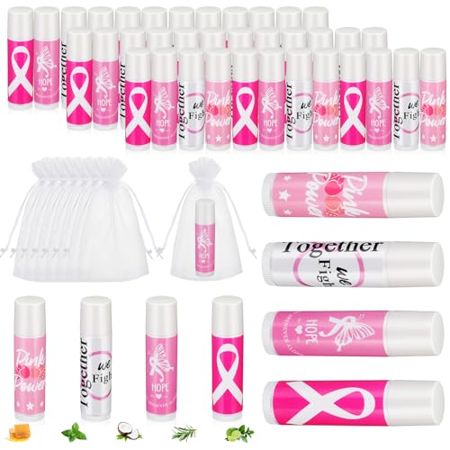 Fumete 50 Sets Breast Cancer Awareness Lip Balm Pink Ribbon Gift Bulk - Natural, Moisturizing, 4 Flavors, Includes Inspirational Quotes