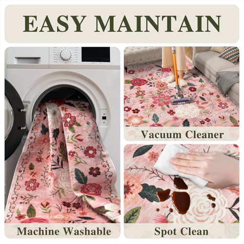 WARMYS 8x10 Pink Boho Floral Washable Area Rug - Dusty Pink & Green