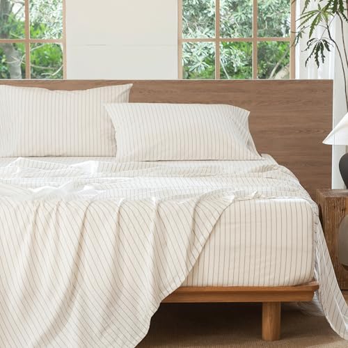 MooMee King Striped Washed Cotton Linen-Like Bed Sheet Set - Wide White & Tannish Grey