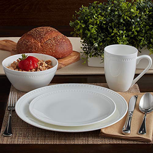 Mikasa Loria 16-Piece Dinnerware Set for 4 – White Bone China, Embossed Bead, Microwave & Dishwasher Safe (Brown Box Variant)