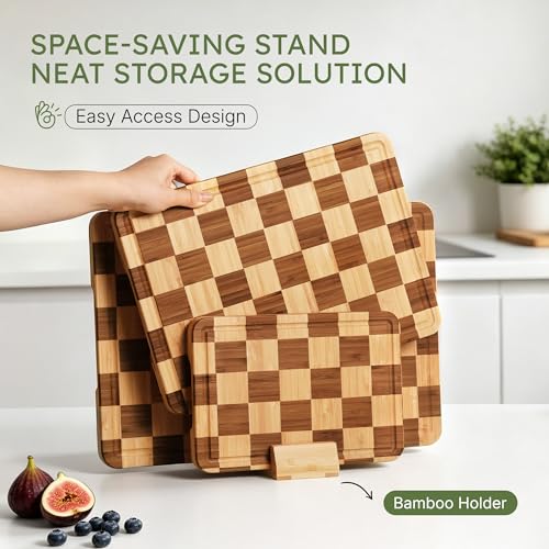 Set of 3 Wooden Checkered Cutting Boards with Holder - Non-Toxic Bamboo Kitchen Chopping & Serving Platters