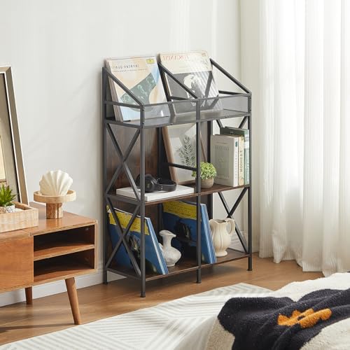 EYOCAL Vinyl Record Storage Rack - Wooden Display Shelf for Albums & Magazines