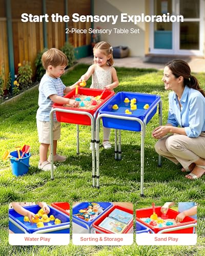 Kids Sensory Play Table with 2 Bins - Adjustable Height, Detachable Storage - 15.1"D x 42.9"W x 26"H, 2-Station Sand & Water Table for Toddlers
