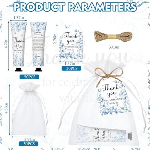 50 Sets Blue Flower Baby Shower Hand Cream Set, Hand Cream Favors for Guests Bridal Wedding Baby Shower Gift Bulk Travel Size Gifts with Thank You Card & Organza Bags(blue flower)